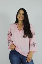 Bata Blusa Bordada Decote V com Detalhe Manga 3/4 rosa MHI-331 Bata Blusa Bordada Decote V com Detalhe Manga 3/4 rosa MHI-331