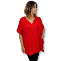 Bata Blusa Indiana Lisa Manga Curta Bordada Plus Size 2060