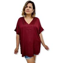 Bata Blusa Indiana Lisa Manga Curta Bordada Plus Size 2060