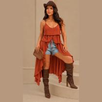 Bata Boho Chic Túnica Duna Camadas Babados Alcinha Regulável Moda Feminina Bata Boho Chic Túnica Duna Camadas Babados Alcinha Regulável Moda Feminina