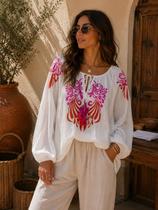 Bata Indiana Bordada Boho Chic Feminina Importada da Índia Manga Longa - Branco - M