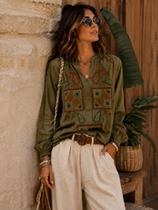 Bata Indiana Bordada Boho Chic Verde Oliva Importada - G Bata Indiana Bordada Boho Chic Verde Oliva Importada - G