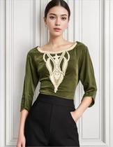 Bata Indiana Em Pedraria, Com Manga 3/4, Verde Musgo, T: X1