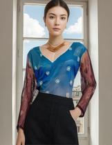 Bata Indiana Em Tule, Efeito Degradê, Bordada Com Pedraria, Azul / Marrom