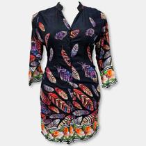 Bata Indiana Estampada Penas Manga 7/8