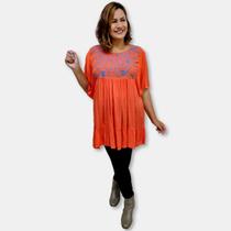 Bata Indiana Manga curta Crepe Plus Size Bordada Boho Chic