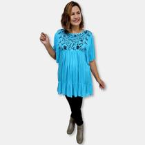 Bata Indiana Manga curta Crepe Plus Size Bordada Boho Chic