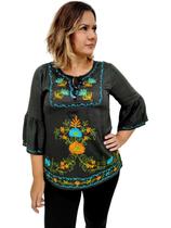 Bata Indiana Manga curta Flare Viscose Lisa Com Bordado 245