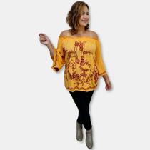 Bata Indiana Manga Flare Elástico na gola Bordada Plus Size