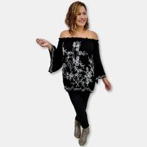 Bata Indiana Manga Flare Elástico na gola Bordada Plus Size