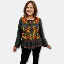 Bata Indiana Manga Longa bordado e cordão Boho Chic Luxo 255