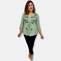 Bata Indiana Plus Size Manga 7/8 Estonada com Bordado Gola V Bata Indiana Plus Size Manga 7/8 Estonada com Bordado Gola V