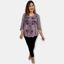 Bata Indiana Plus Size Manga 7/8 Estonada com Bordado Gola V