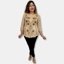 Bata Indiana Plus Size Manga 7/8 Estonada com Bordado Gola V