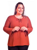 Bata Plus Size Feminina Crepe Manga Sino Ampla Ferrugem e Preto Mirasul 48