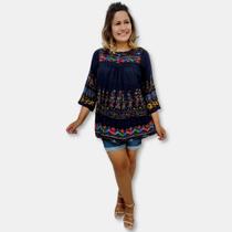 Bata Túnica Feminina Indiana Manga curta Bordada Boho Chic
