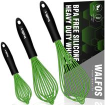 Batedor de silicone Walfos, batedor de arame de aço inoxidável - batedores de cozinha resistentes ao calor para panelas antiaderentes, batedor de ovos balão perfeito para misturar, bater, bater, espumar e mexer, 3 conjuntos de verde