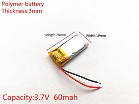 Bateria 301020 com 60mah 3mmx10mmx20mm 2 fios 3,7v