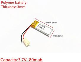 Bateria 301230 com 80mah 3mmx12mmx30mm 2 fios 3,7v Bateria 301230 com 80mah 3mmx12mmx30mm 2 fios 3,7v