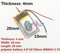 Bateria 3,7v 80mah 4mm X10mm X 20mm 2 Fios Fone Caneta Mp3 -