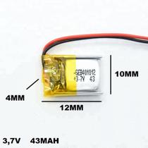 Bateria 401012 com 43mah 4mmx10mmx12mm 2 fios 3,7v