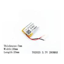 Bateria 7mm X 20mm X 25mm 3,7v 280mah Com 2 Fios 702025