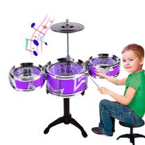 Bateria Banco Infantil Brinquedo Instrumento Musical Roxa Baqueta Prato Crianças Reforçado