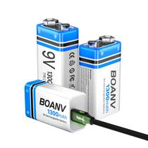 Bateria BOANV 9V 1300mAh USB recarregável, pacote com 3