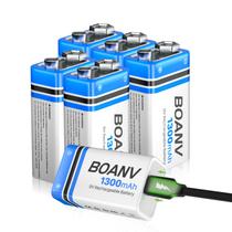 Bateria BOANV 9V 1300mAh USB recarregável, pacote com 6