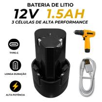 Bateria De Lítio 12V 1.5Ah 3 Celulas Universal Para Parafusadeira Furadeira Com Entrada USB TypeC E Cabo USB De Carregamento Bateria De Lítio 12V 1.5Ah 3 Celulas Universal Para Parafusadeira Furadeira Com Entrada USB TypeC E Cabo USB De Carregamento