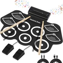 Bateria Eletrônica Instrumento Musical Portátil de Silicone Preto com 9 Pads, Pedais, Baquetas, MIDI Ideal para iniciantes, Músicos, Prática Musical e