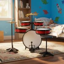 Bateria Infantil C/ Chimbal Profissional Musical Mdf 72cm Vermelha