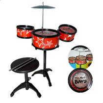 Bateria Infantil com 3 Tambores Baquetas e Banquinho Brinquedo Musical Colorido para Crianças Bateria Infantil com 3 Tambores Baquetas e Banquinho Brinquedo Musical Colorido para Crianças