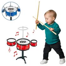 Bateria Infantil Instrumento 3 Tambores Brinquedo Rock Vermelho Menino e Menina Prato Tambor Baqueta