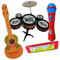 Bateria Infantil Kit Microfone Gaita Viola de Brinquedo Instrumento Musical Educacional