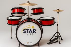 Bateria Infantil Luen Star Kids Vermelha Kit Completo com Pratos, Baquetas e Pedal Diversão e Aprendizado Musical