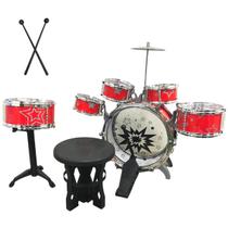Bateria Infantil Musical Completa 5 Tambores Bumbo 30cm Baqueta Banquinho Importway Bw242