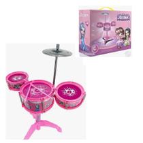 Bateria infantil musical rosa princesas rock grils 3 tambores prato e baquetas completa meninas