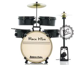 Bateria Infantil RMV Rock Kids Preta completa com pratos, banco, máquina de chimbal e baquetas