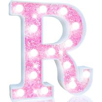Bateria Pooqla LED Marquee Letter R com glitter rosa claro