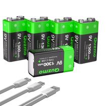 Baterias de íon de lítio recarregáveis de 9 V Quzmo 1300mAh, pacote com 5 Baterias de íon de lítio recarregáveis de 9 V Quzmo 1300mAh, pacote com 5