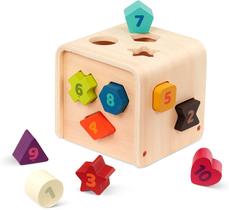 Battat Sorter de Forma para Crianças, Crianças Cubo de Aprendizagem de Madeira Brinquedo de Classificação 10 Formas de Madeira Colorida com Números Conde &amp Sort Cube 1 Ano +