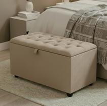 Baú Puff Recamier Divã Sara Capitonê 80 cm Tecido Suede Linho Macio Estrutura Madeira Para Cama Solteiro Quarto