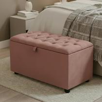 Baú Puff Recamier Divã Sara Capitonê 80 cm Tecido Suede Linho Macio Estrutura Madeira Para Cama Solteiro Quarto