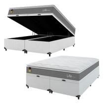 Baú Queen Bipartido Couro Branco + Colchão Life Gold Cinza- e-Shop Casa