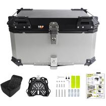 Baú Traseiro Moto Alumínio 55L com Suporte Universal Impermeável Reforçado Top Case com Trava e Chave Dupla Preto ou Prata
