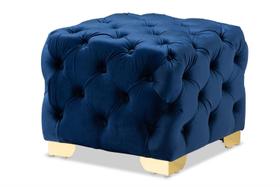 Baxton Studio Avara Glam and Luxe, tecido de veludo azul royal, estofado com acabamento dourado, pufe tufado com botões