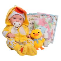 Bebê Menina Careca Roupa Amarela Patinho com Pelúcia e Kit