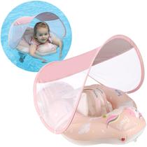 Bebê nadando sem flutuar na piscina com dossel solar rosa Bebê nadando sem flutuar na piscina com dossel solar rosa
