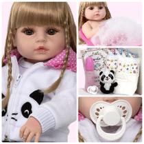 Bebê Reborn 100% Silicone Julia Enxoval Panda Cabelo Loiro